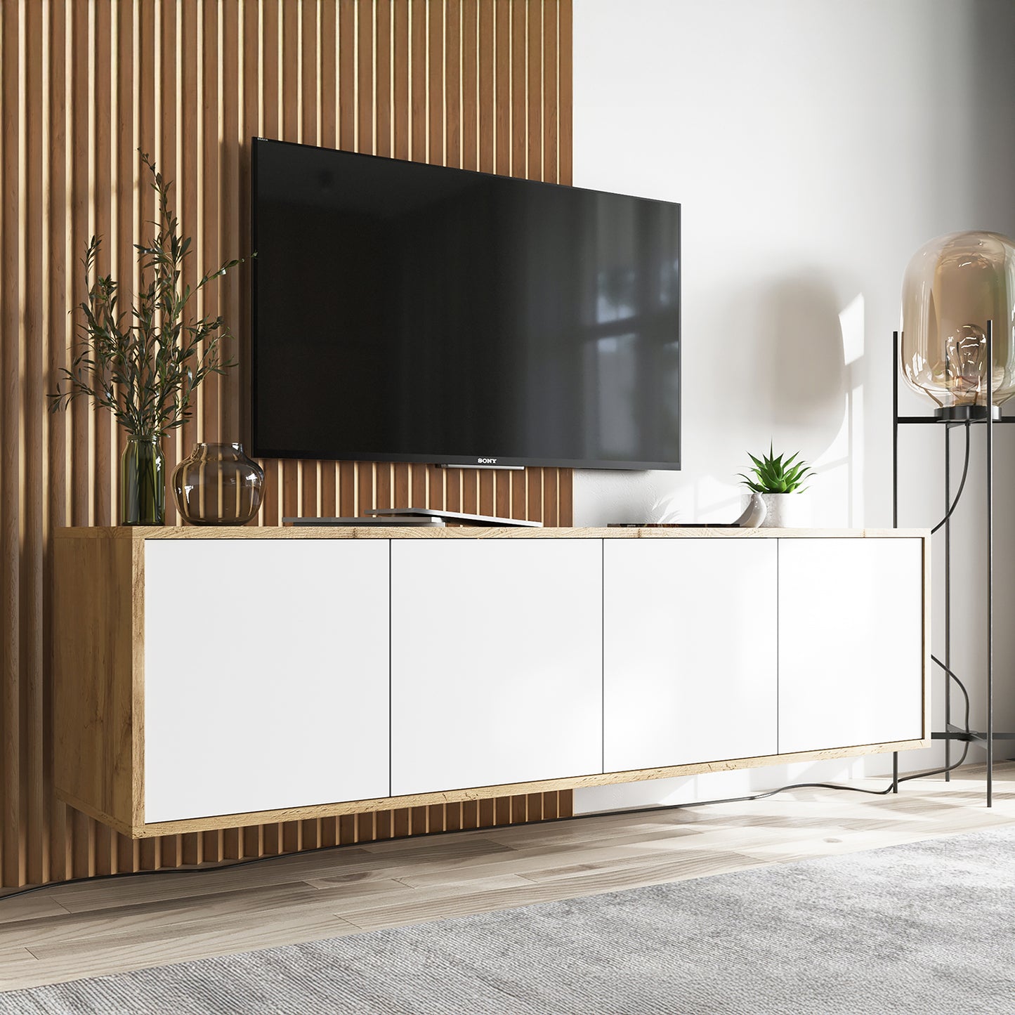 Apollo Modern Wall-Mounted TV Unit with 4 Door Design – White / Oak Wotan