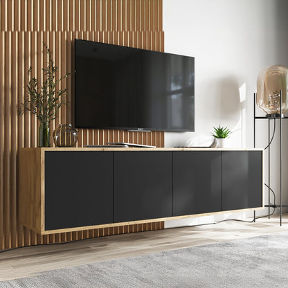 Apollo Modern Wall-Mounted TV Unit with 4 Door Design – Black / Oak Wotan