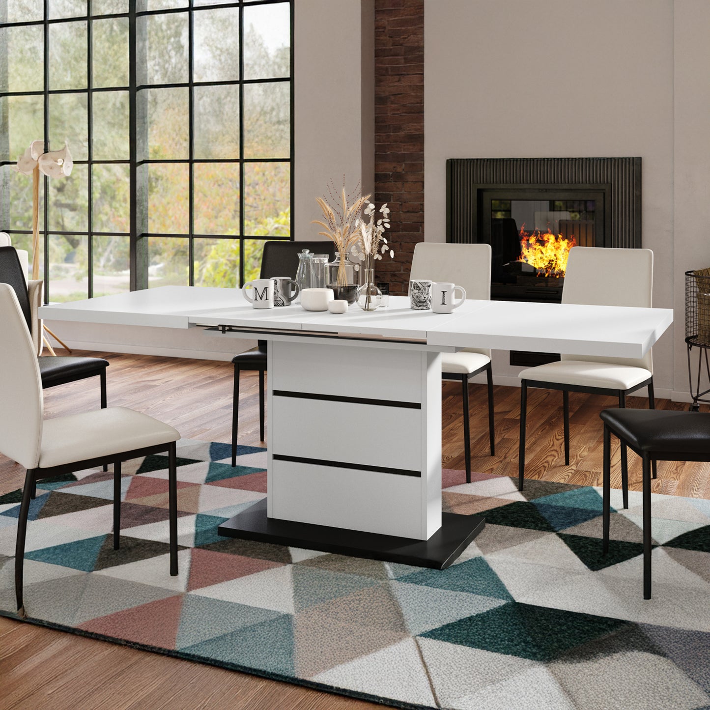 Piano Extendable Dining Table Modern Design - White / Black