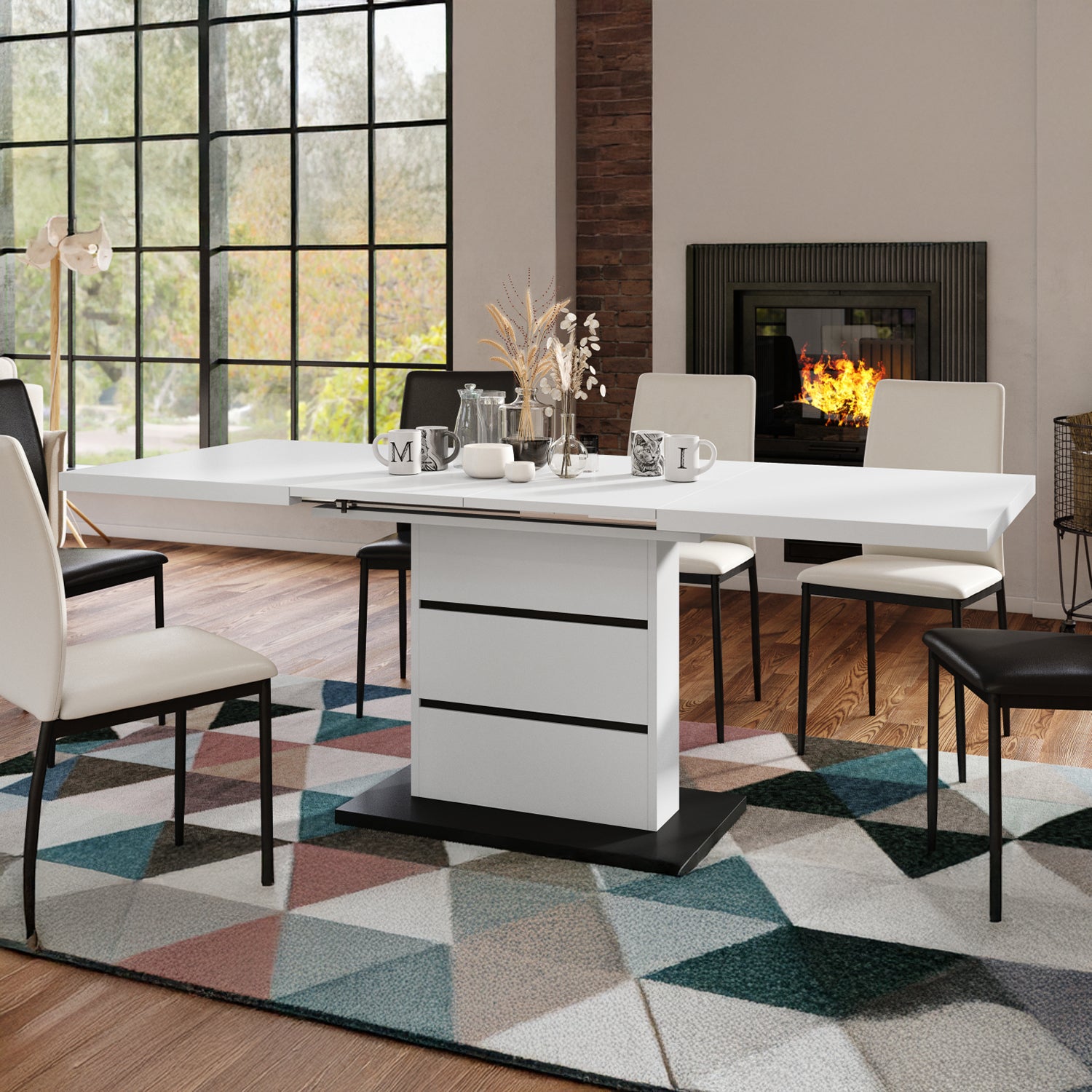 Piano Extendable Dining Table Modern Design - White / Black