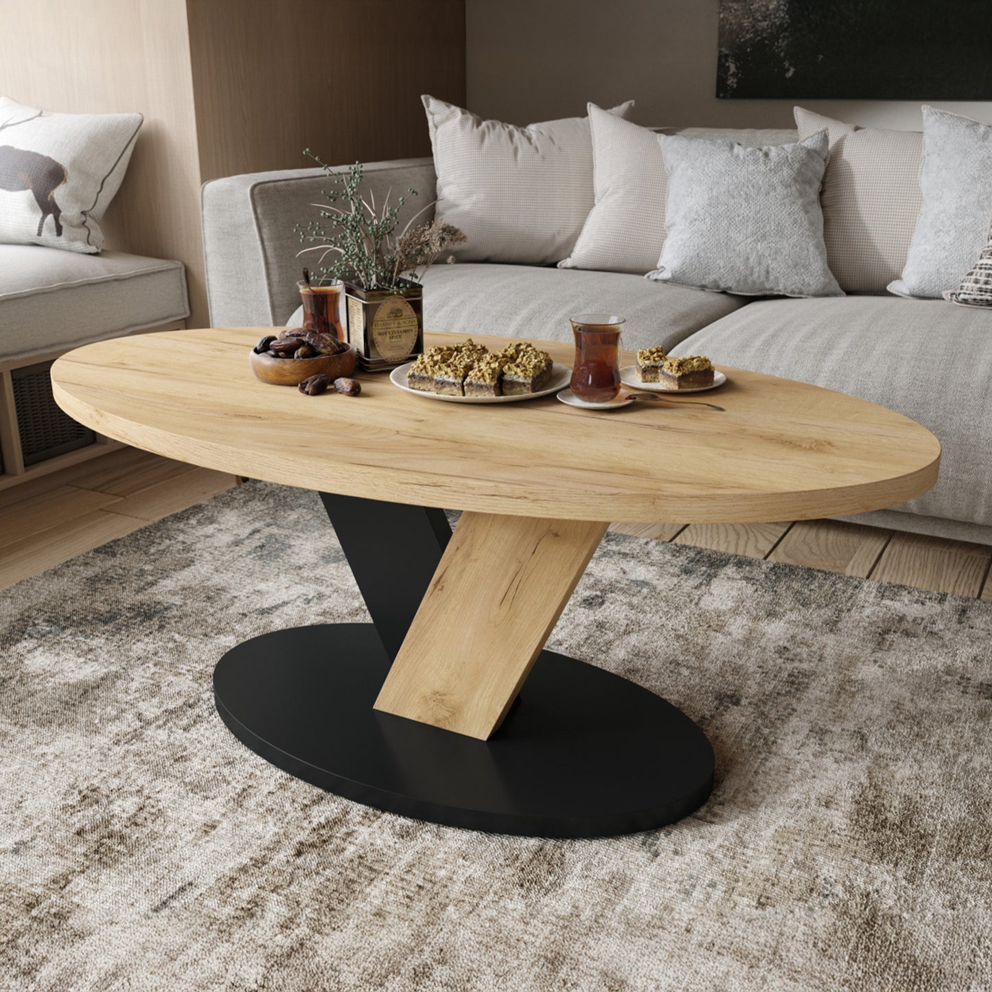 Lova Modern Coffee Table Oval Design - Gold Craft Oak / Black