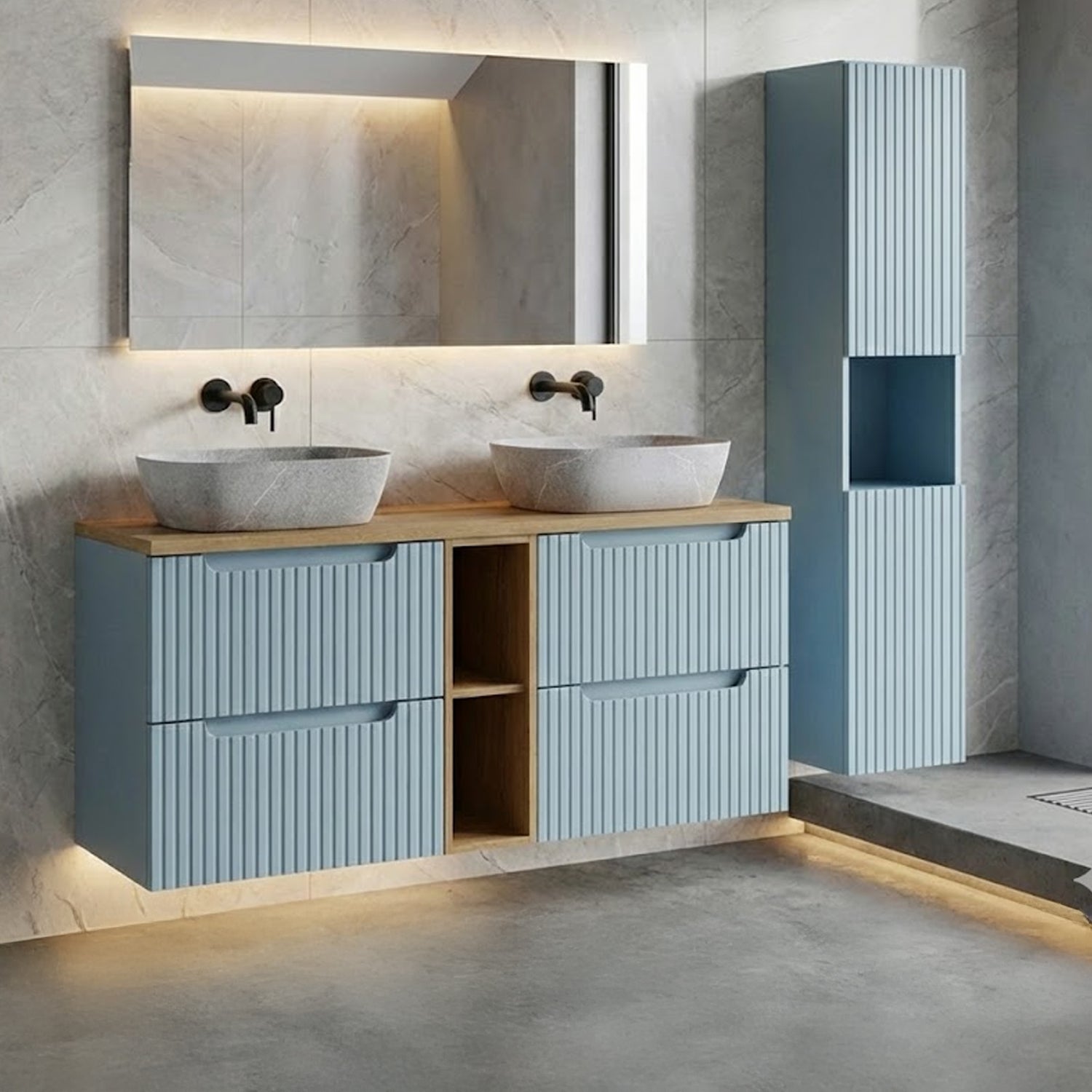 Nova Bathroom Cabinet Set with Drawers, Oak Worktop , Basins and Tall Unit - Baby Blue