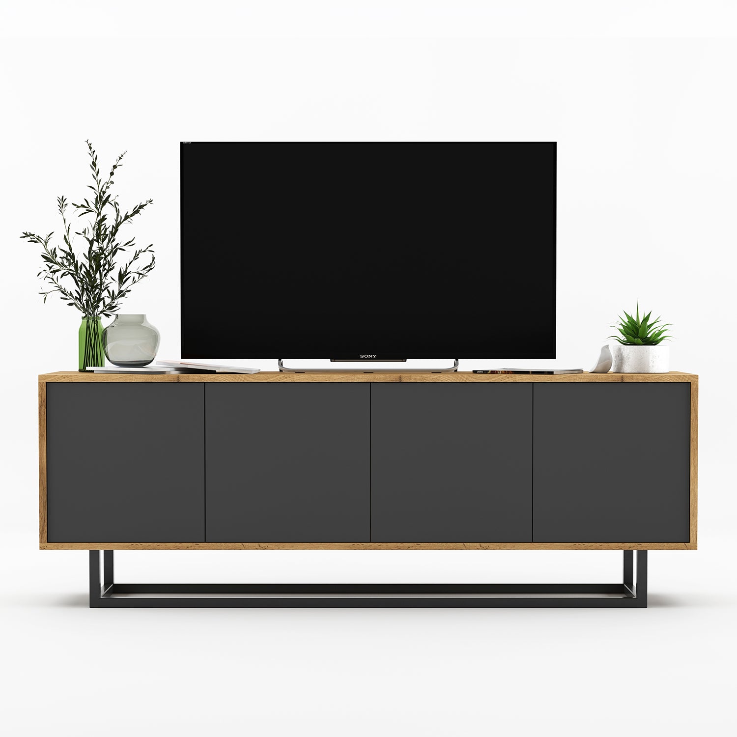 Apollo Modern TV Unit with 4-Door Design and Metal Base – Grey / Oak Wotan