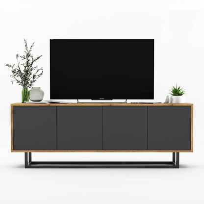 Apollo Modern TV Unit with 4-Door Design and Metal Base – Grey / Oak Wotan