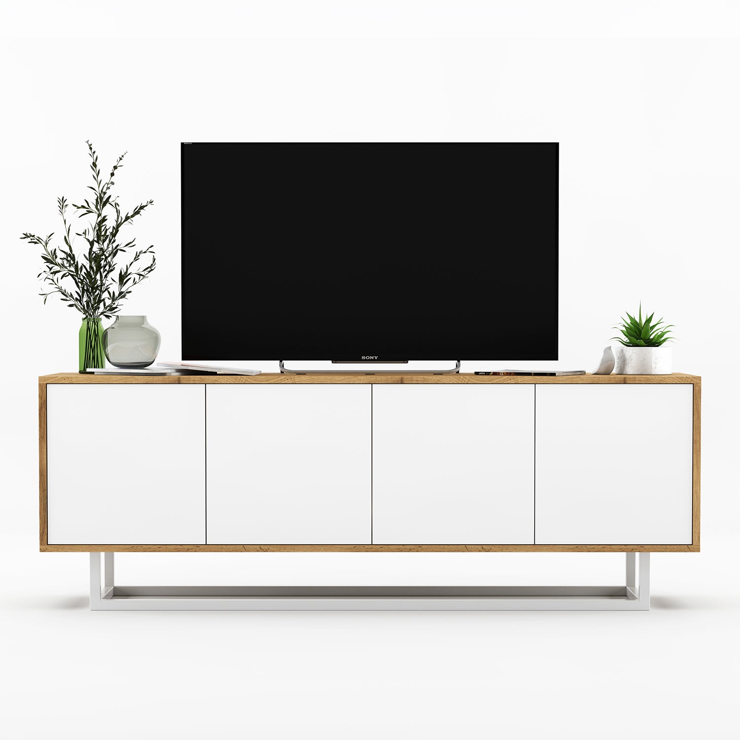 Apollo Modern TV Unit with 4-Door Design and Metal Base – White / Oak Wotan