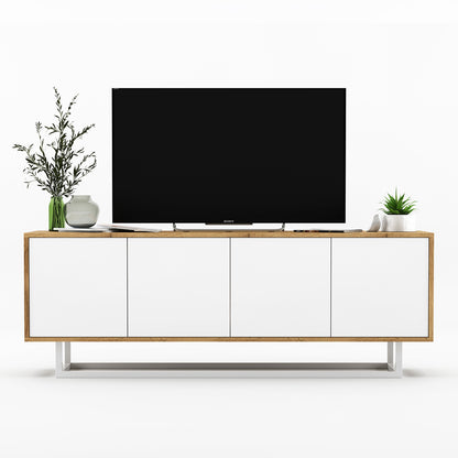 Apollo Modern TV Unit with 4-Door Design and Metal Base – White / Oak Wotan