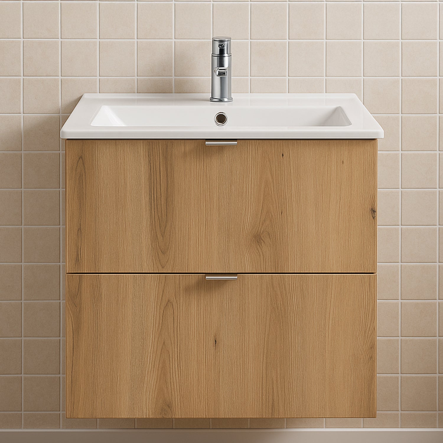 Dove 2 Drawer Bathroom Cabinet Vanity Unit with Built-In Basin 60cm - Evoke Oak
