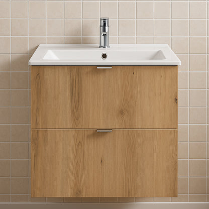 Dove 2 Drawer Bathroom Cabinet Vanity Unit with Built-In Basin 60cm - Evoke Oak