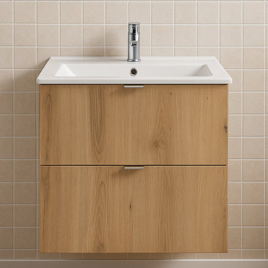 Dove 2 Drawer Bathroom Cabinet Vanity Unit with Built-In Basin 60cm - Evoke Oak