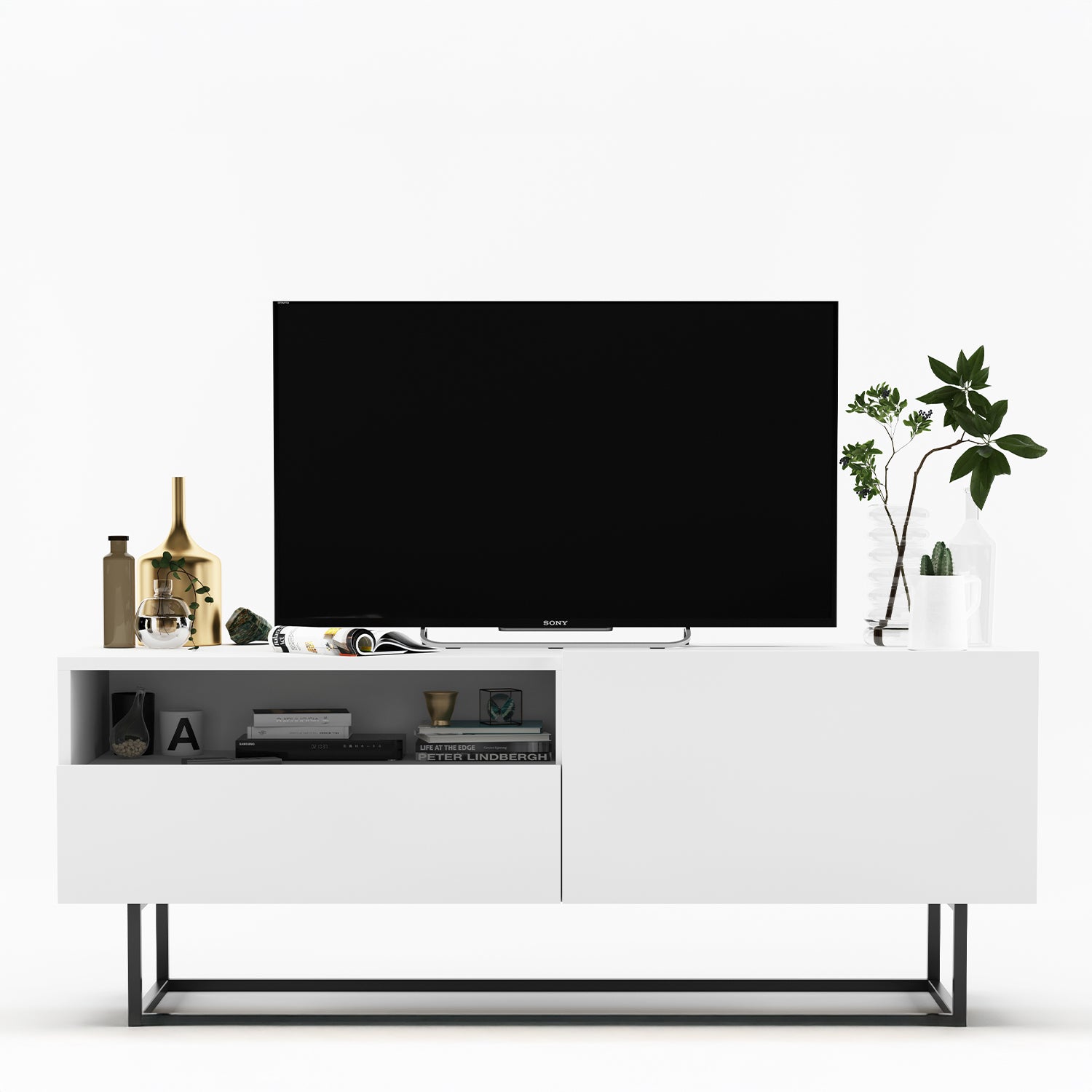 Enjoy Minimalist Freestanding TV Unit with Open Shelf and Metal Base – White