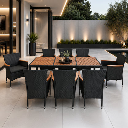Kordoba Rattan Garden Furniture Set with Dining Table and 8 Chairs - Black / Oak