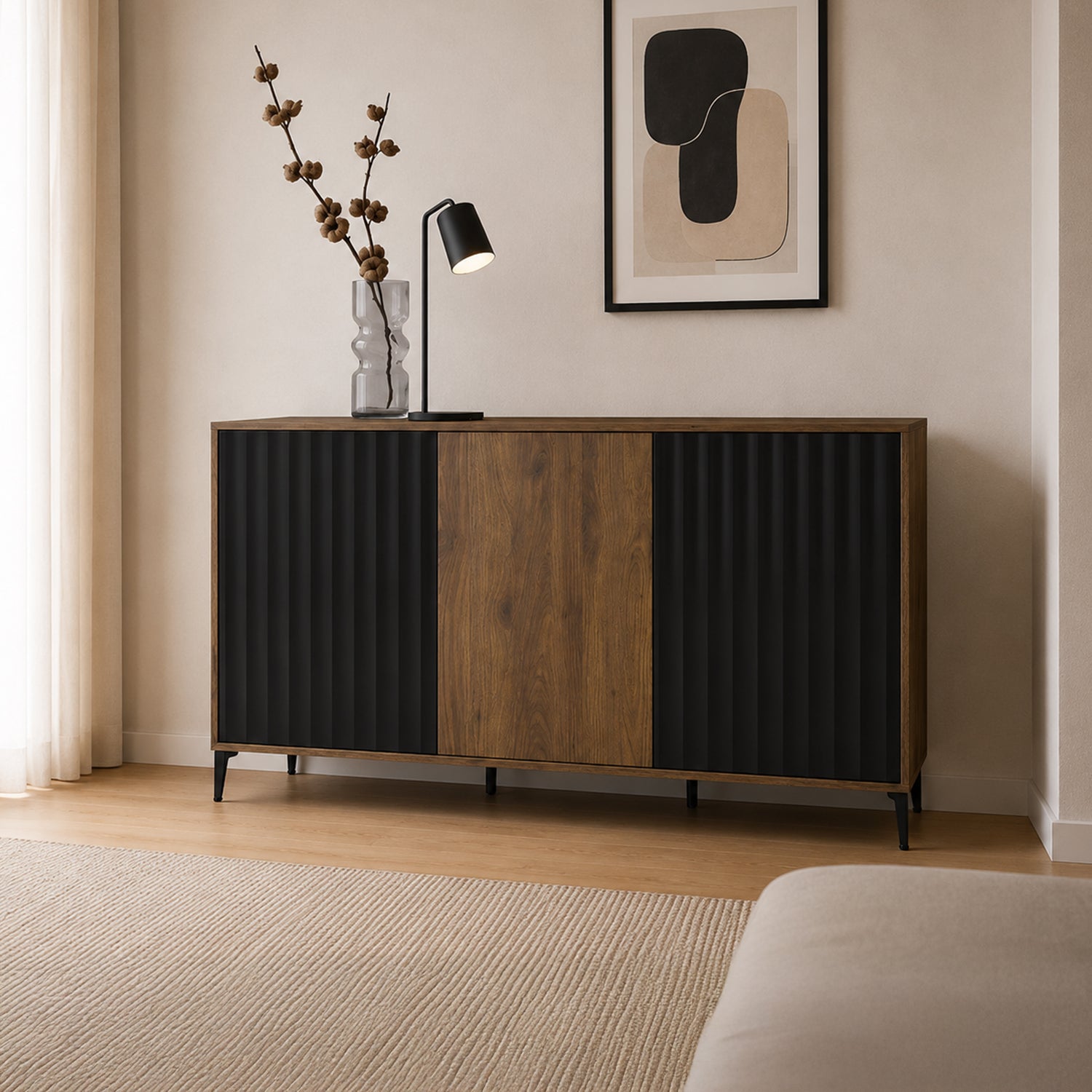 Rimini Premium 3 Door Sideboard with Textured Fronts - Elegant Oak / Black
