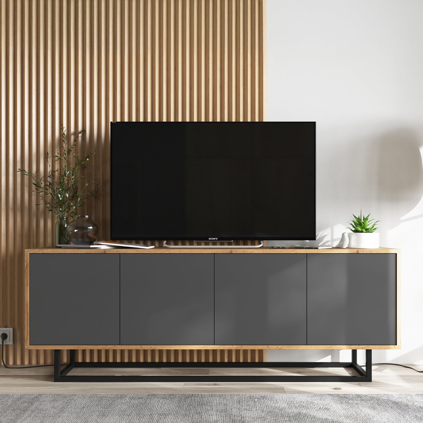 Apollo Modern TV Unit with 4-Door Design and Metal Base – Grey / Oak Wotan