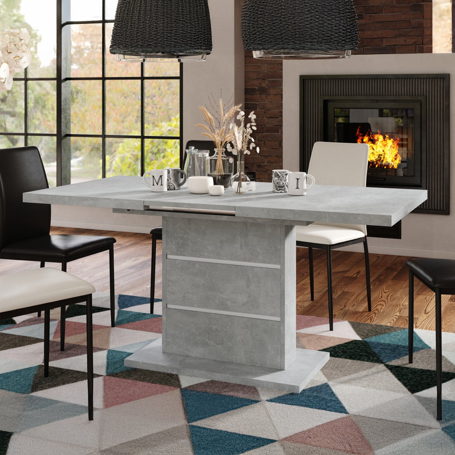 Piano Extendable Dining Table Modern Design - Concrete / White