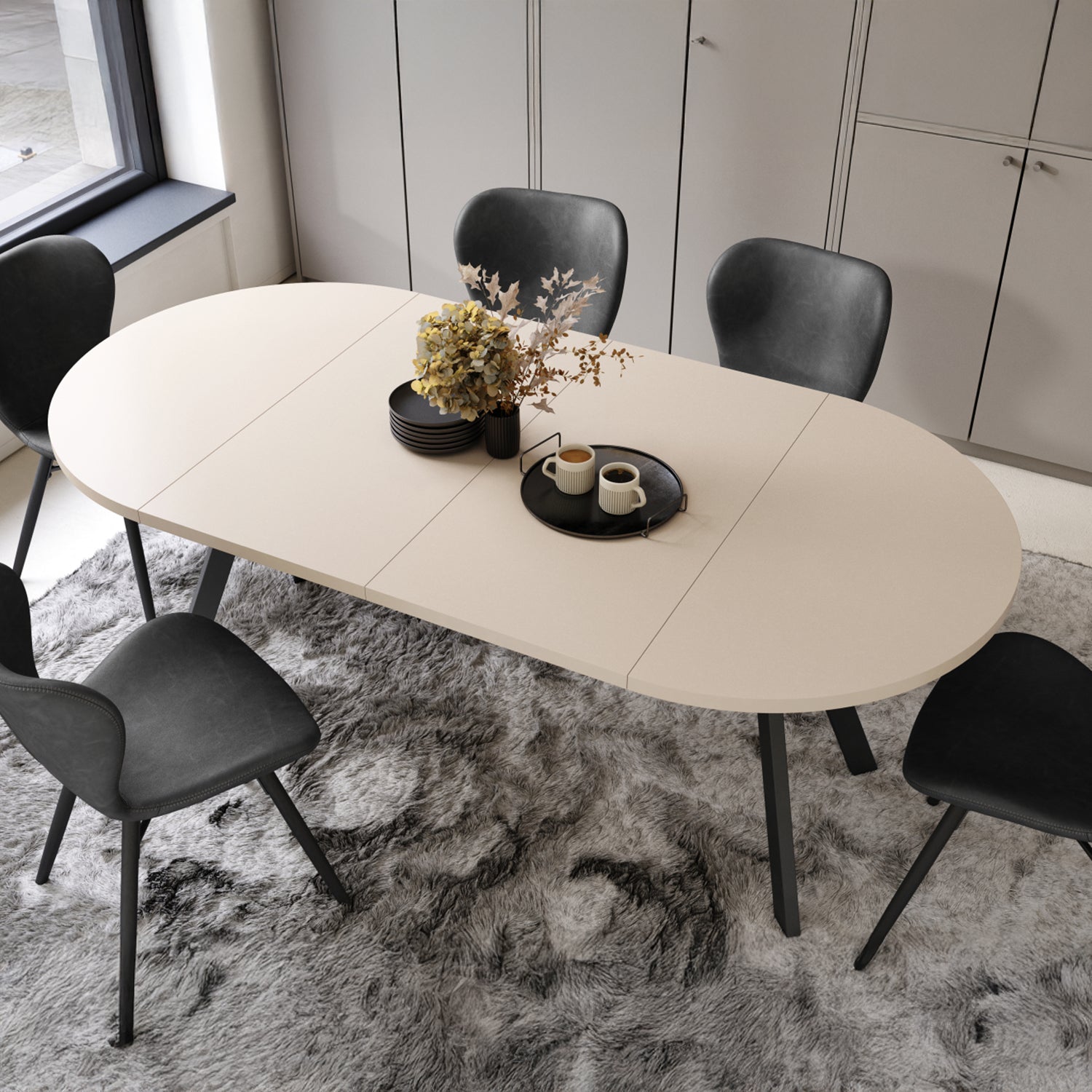 Aldo Modern Round to Oval Extendable Table – Beige / Black