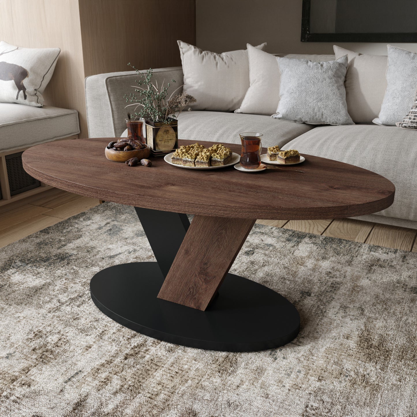 Lova Modern Coffee Table Oval Design - Brown Oak / Black