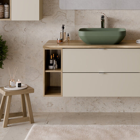 Dalia 2 Drawer Bathroom Cabinet Vanity Unit 100cm with Worktop and Open Shelving - Cashmere / Cremona Oak