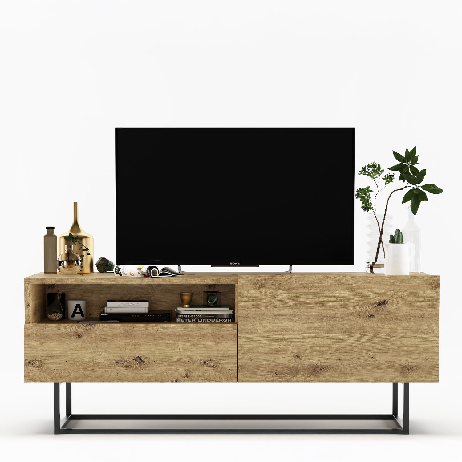 Enjoy Minimalist Freestanding TV Unit with Open Shelf and Metal Base – Oak Artisan