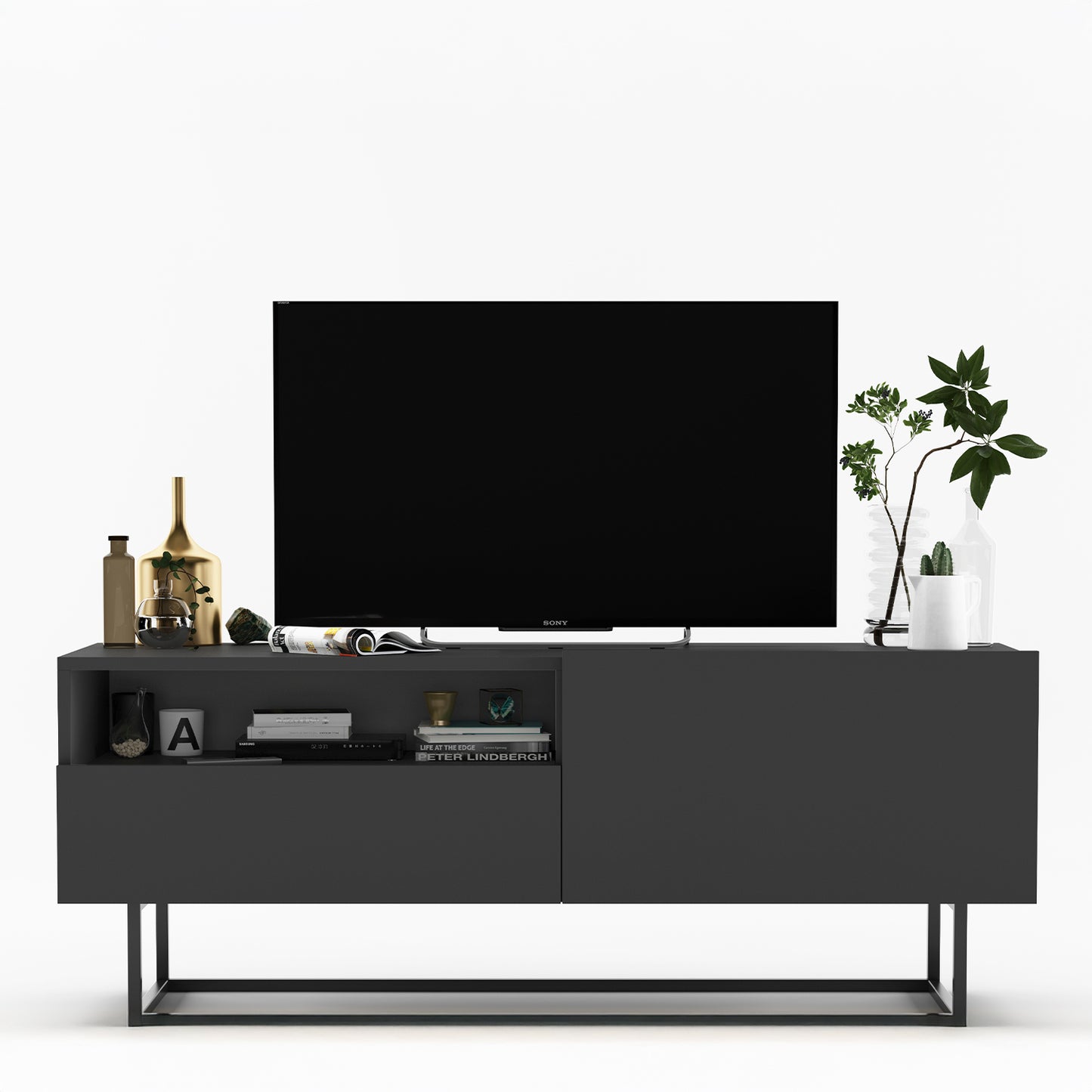 Enjoy Minimalist Freestanding TV Unit with Open Shelf and Metal Base – Graphite