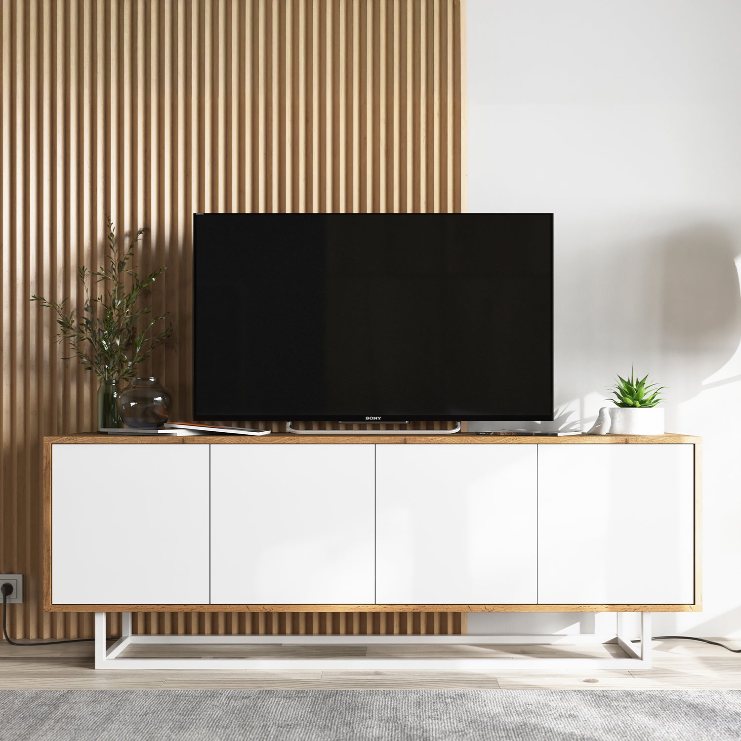 Apollo Modern TV Unit with 4-Door Design and Metal Base – White / Oak Wotan