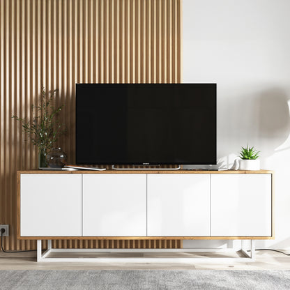 Apollo Modern TV Unit with 4-Door Design and Metal Base – White / Oak Wotan