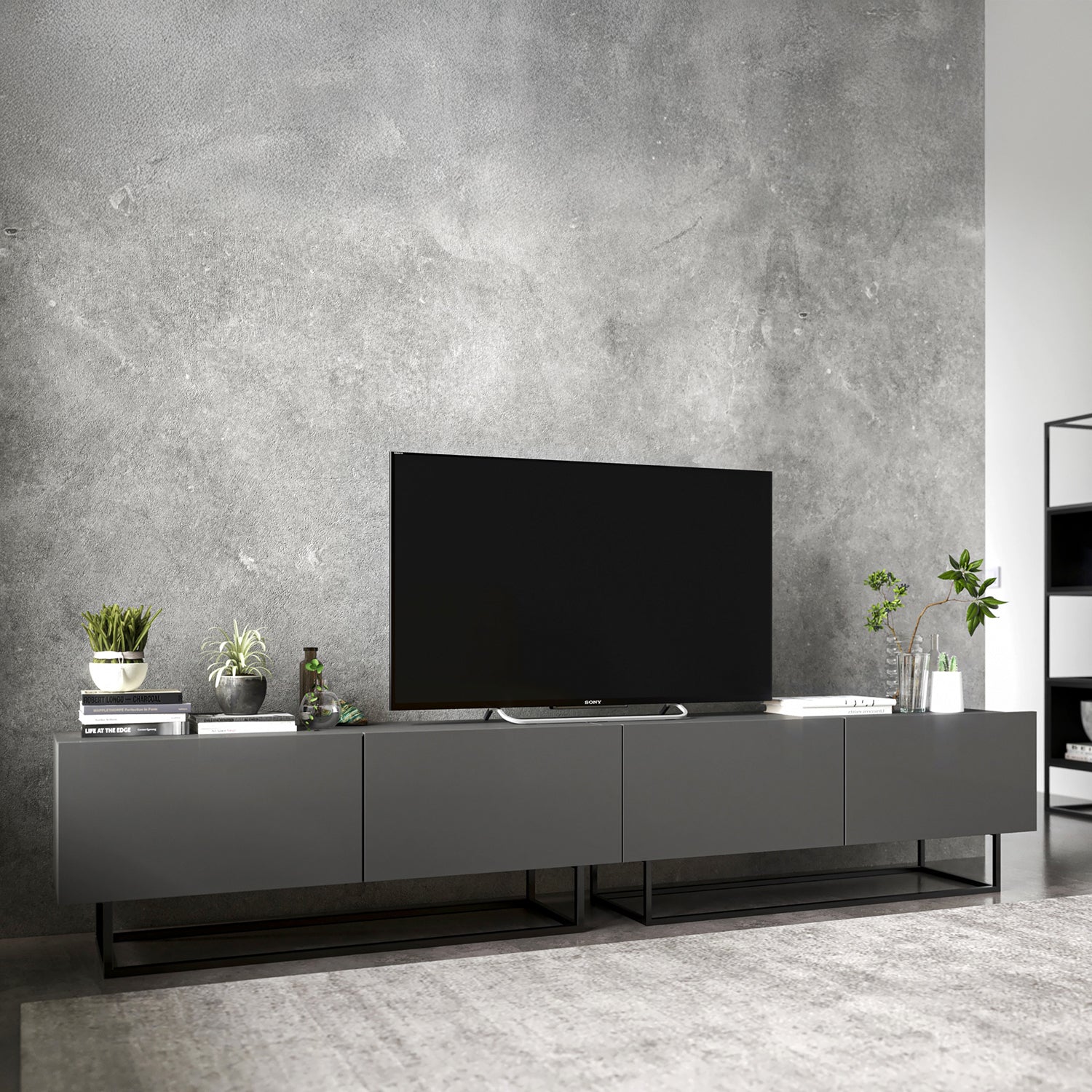 Enjoy Minimalist Freestanding TV Unit with Metal Base 4-Door Wide Design - Graphite