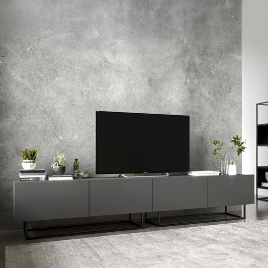 Enjoy Minimalist Freestanding TV Unit with Metal Base 4-Door Wide Design - Graphite