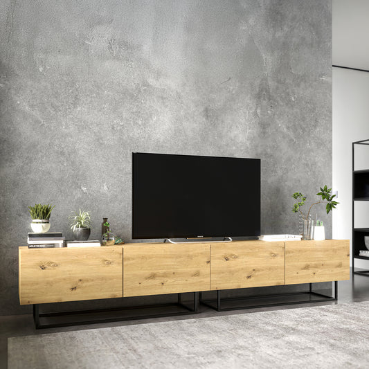Enjoy Minimalist Freestanding TV Unit with Metal Base 4-Door Wide Design - Oak Artisan