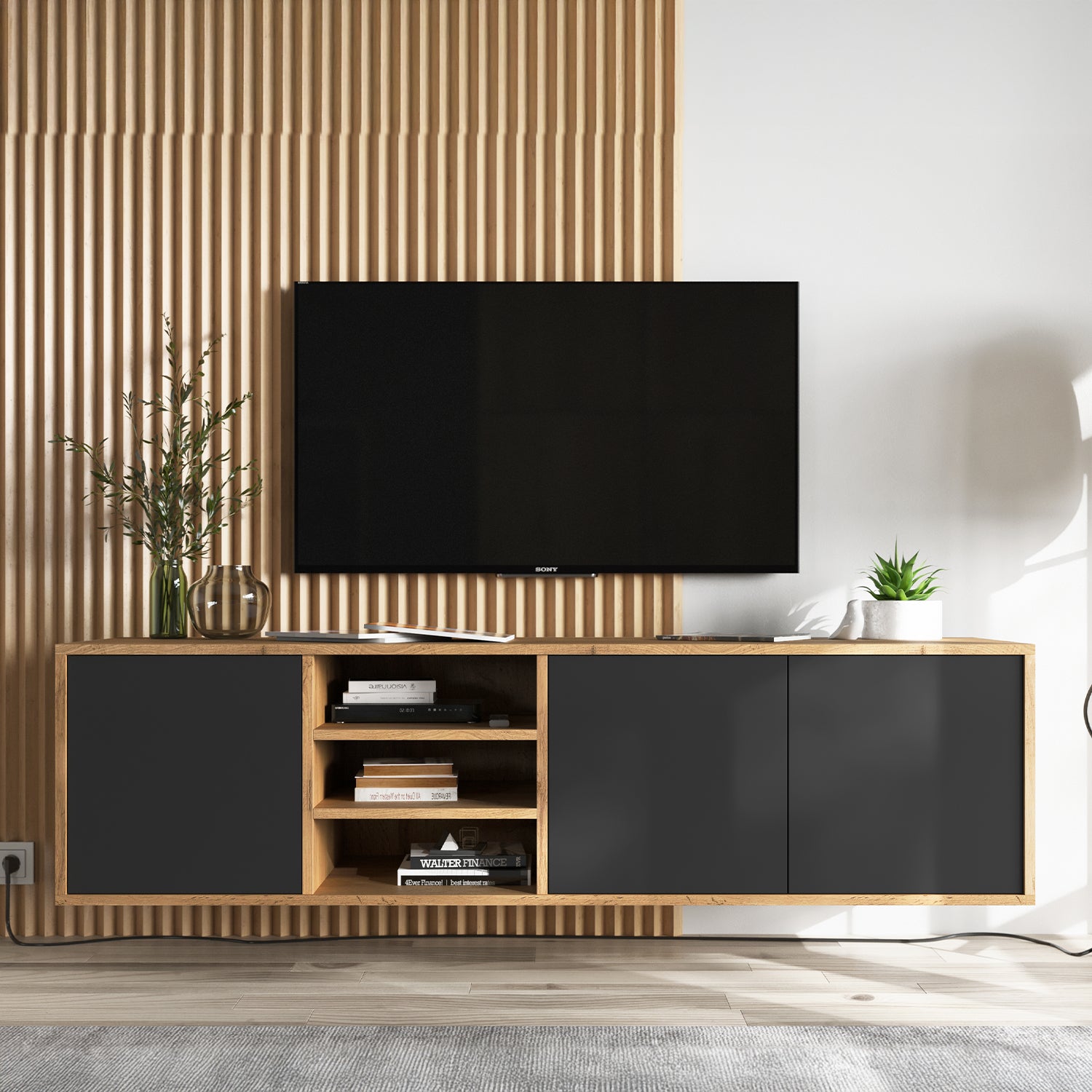 Apollo Modern Wall-Mounted TV Unit with Open Shelving – Black / Oak Wotan