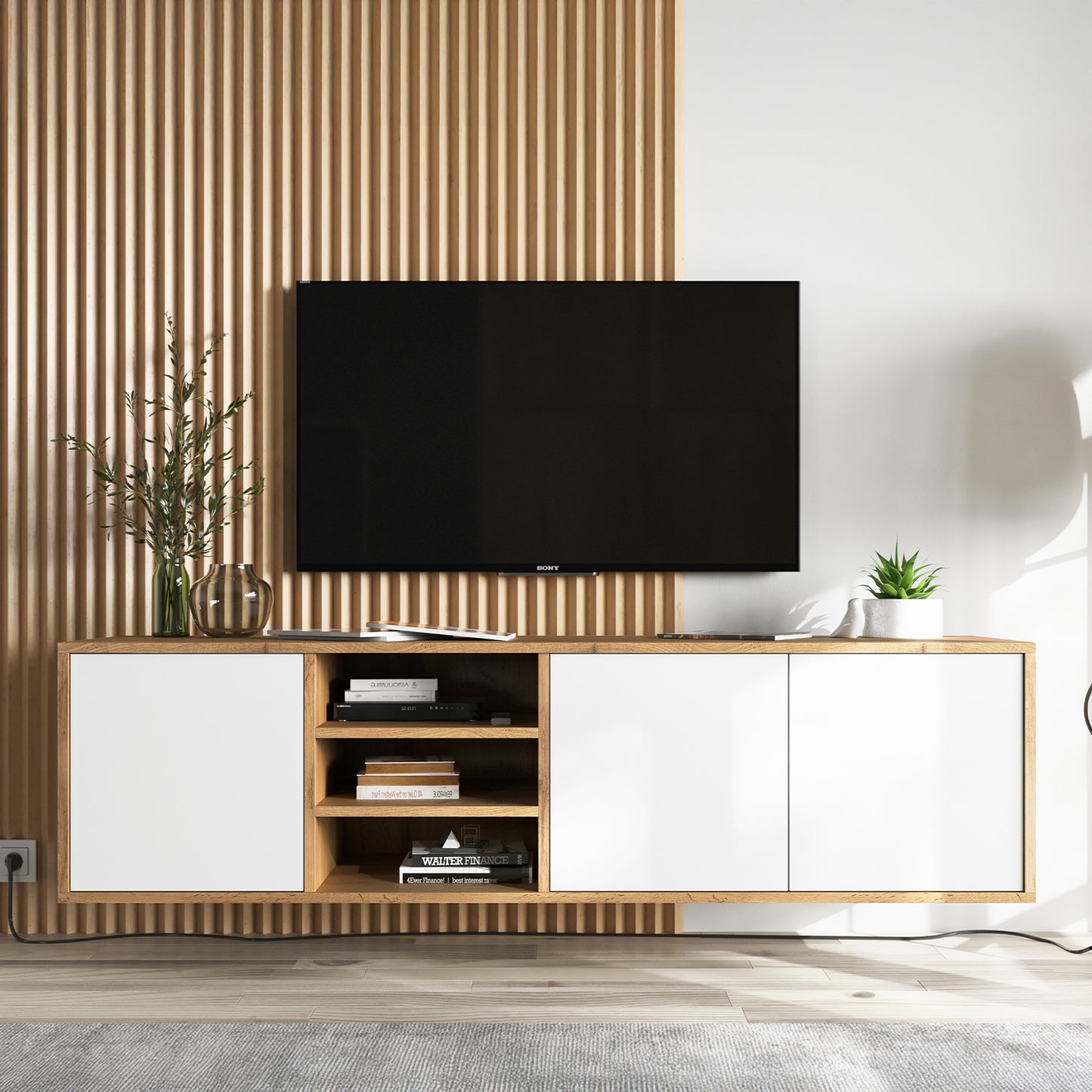 Apollo Modern Wall-Mounted TV Unit with Open Shelving – White / Oak Wotan