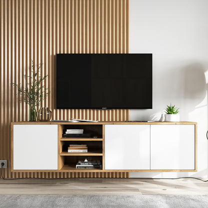 Apollo Modern Wall-Mounted TV Unit with Open Shelving – White / Oak Wotan