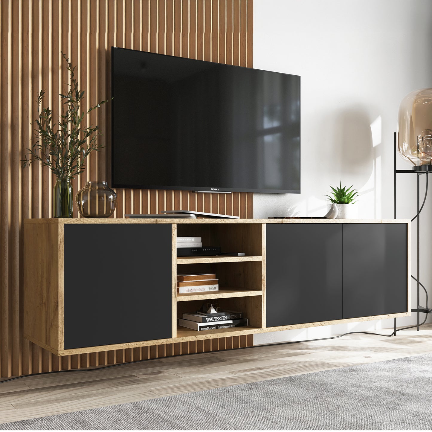 Apollo Modern Wall-Mounted TV Unit with Open Shelving – Black / Oak Wotan