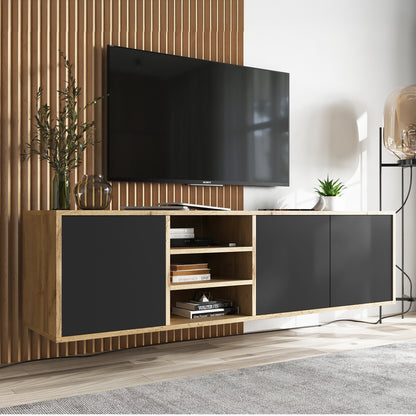 Apollo Modern Wall-Mounted TV Unit with Open Shelving – Black / Oak Wotan