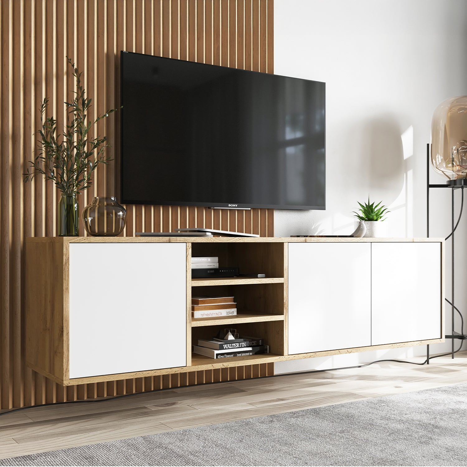 Apollo Modern Wall-Mounted TV Unit with Open Shelving – White / Oak Wotan