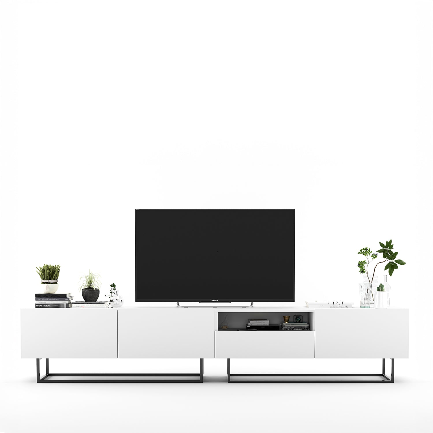 Enjoy Minimalist Freestanding TV Unit with Open Shelf and Metal Base – White