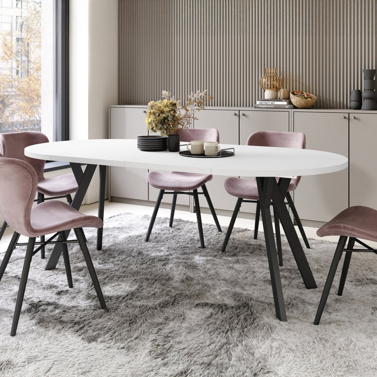 Aldo Modern Round to Oval Extendable Table – White / Black