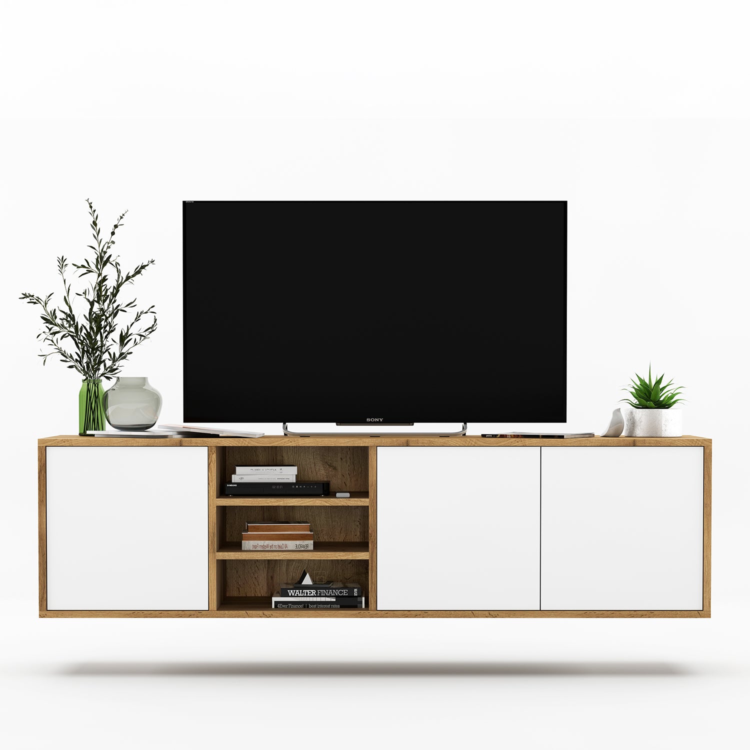 Apollo Modern Wall-Mounted TV Unit with Open Shelving – White / Oak Wotan