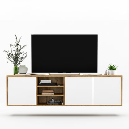 Apollo Modern Wall-Mounted TV Unit with Open Shelving – White / Oak Wotan