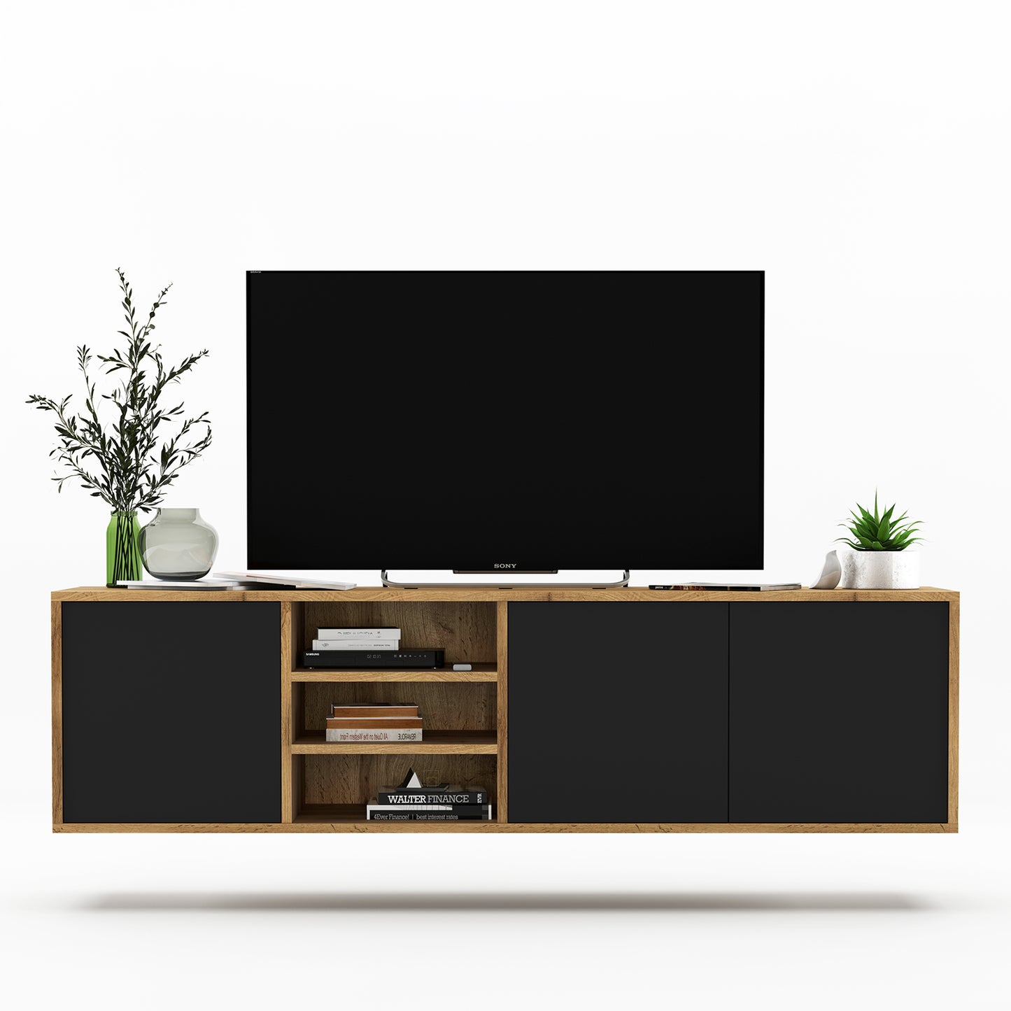 Apollo Modern Wall-Mounted TV Unit with Open Shelving – Black / Oak Wotan