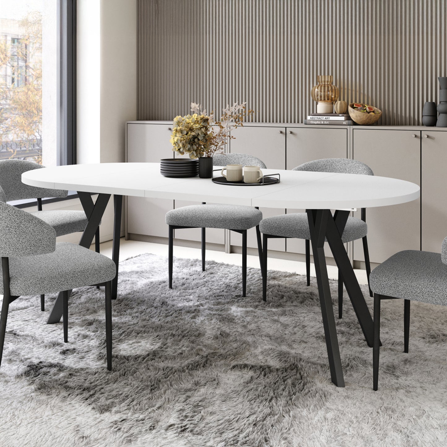 Aldo Modern Round to Oval Extendable Table – White / Black