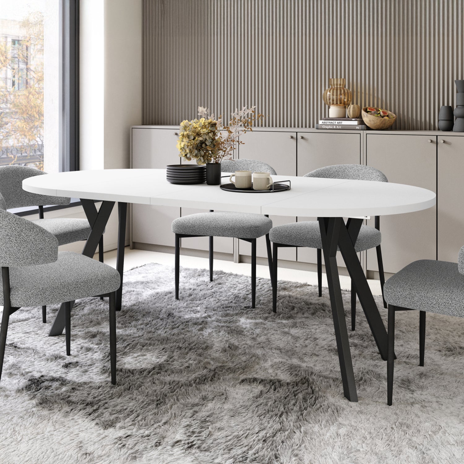 Aldo Modern Round to Oval Extendable Table – White / Black