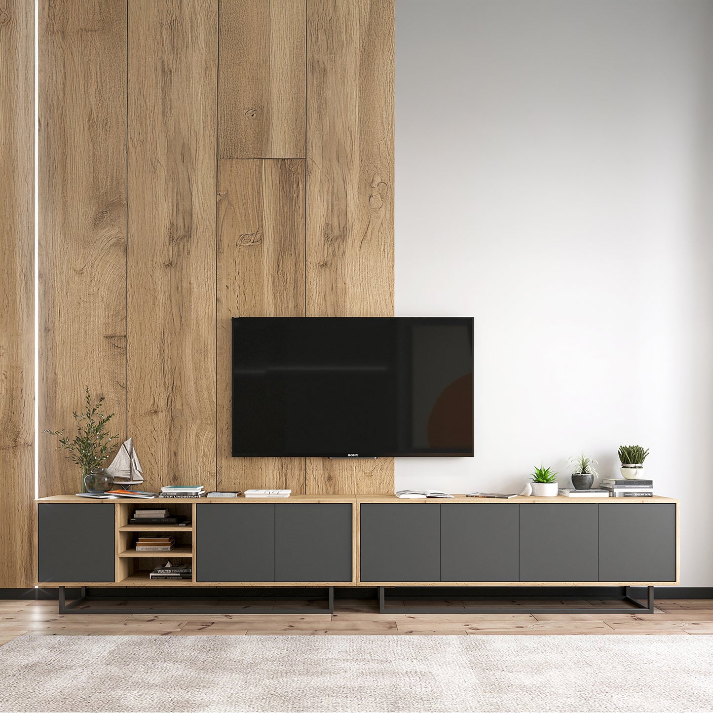 Apollo Modern TV Unit with Open Shelving and Metal Base – Grey / Oak Wotan