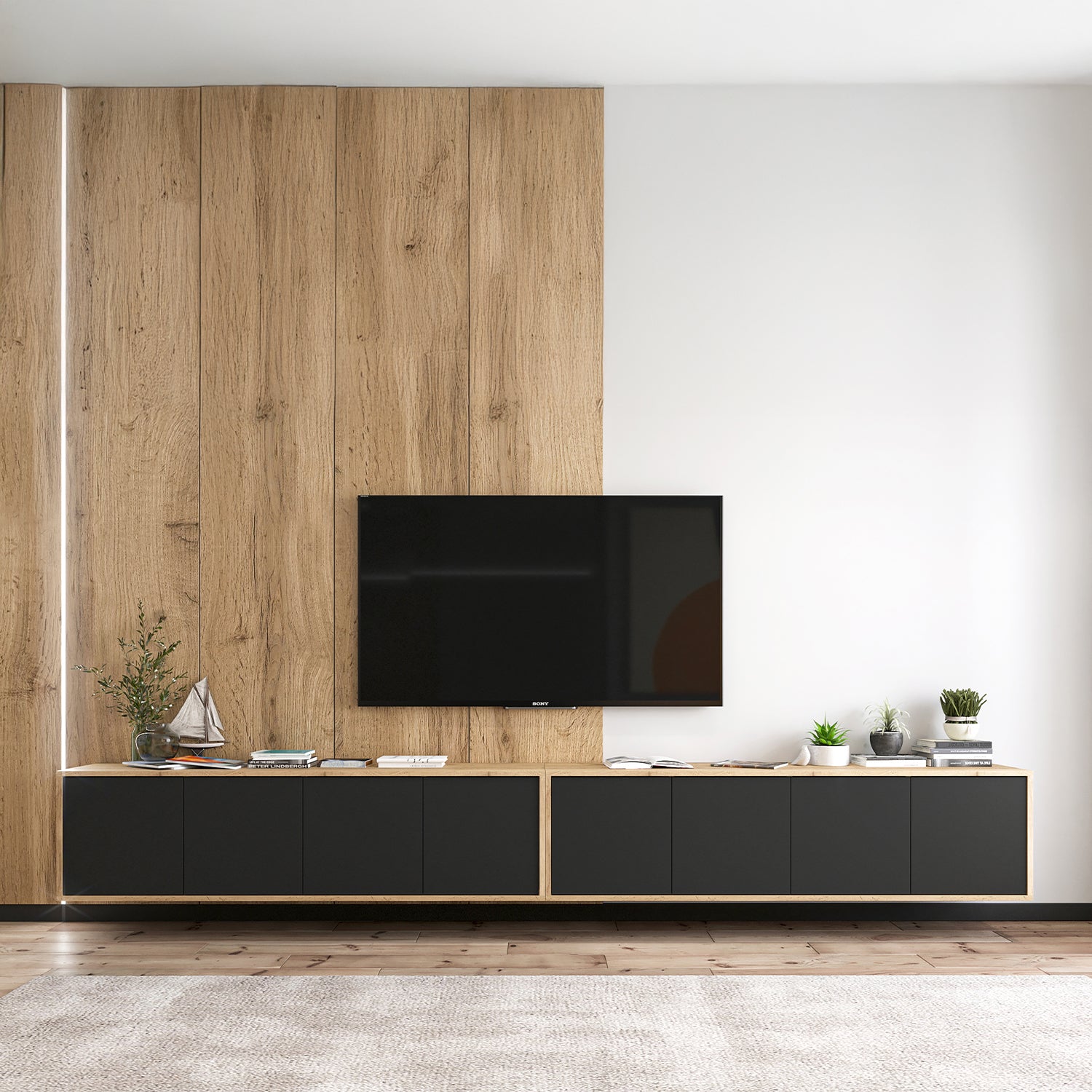 Apollo Modern Wall-Mounted Wide TV Unit – Black / Oak Wotan