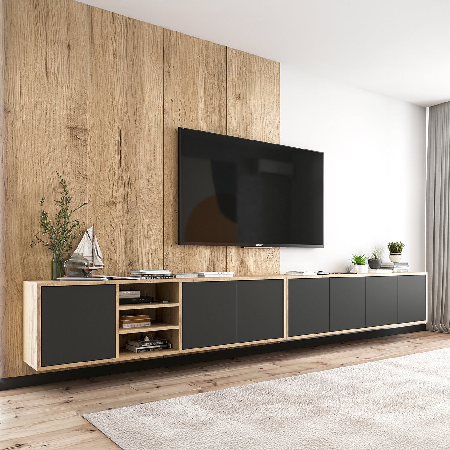 Apollo Modern Wall-Mounted Wide TV Unit with Open Shelving – Black / Oak Wotan