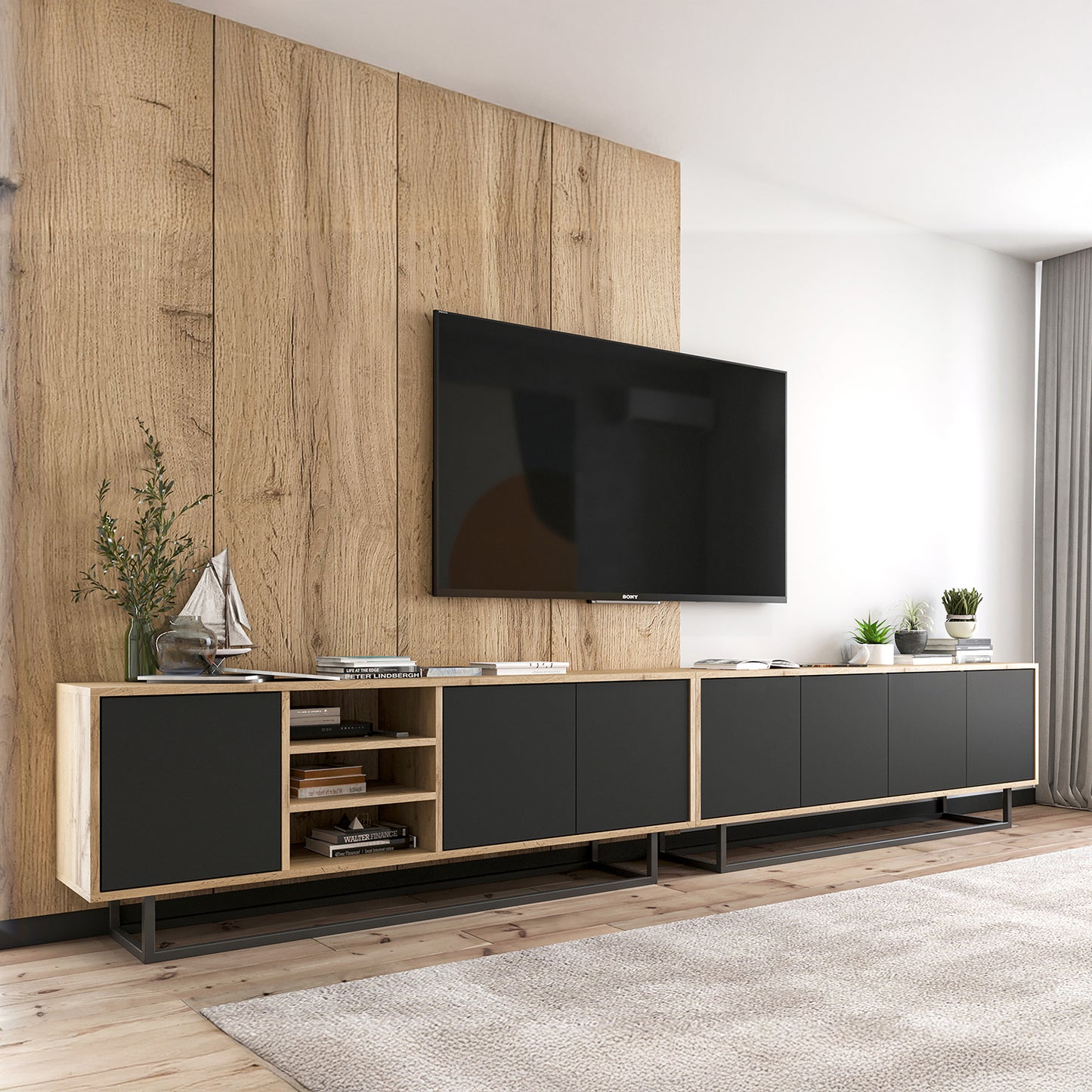 Apollo Modern TV Unit with Open Shelving and Metal Base – Grey / Oak Wotan