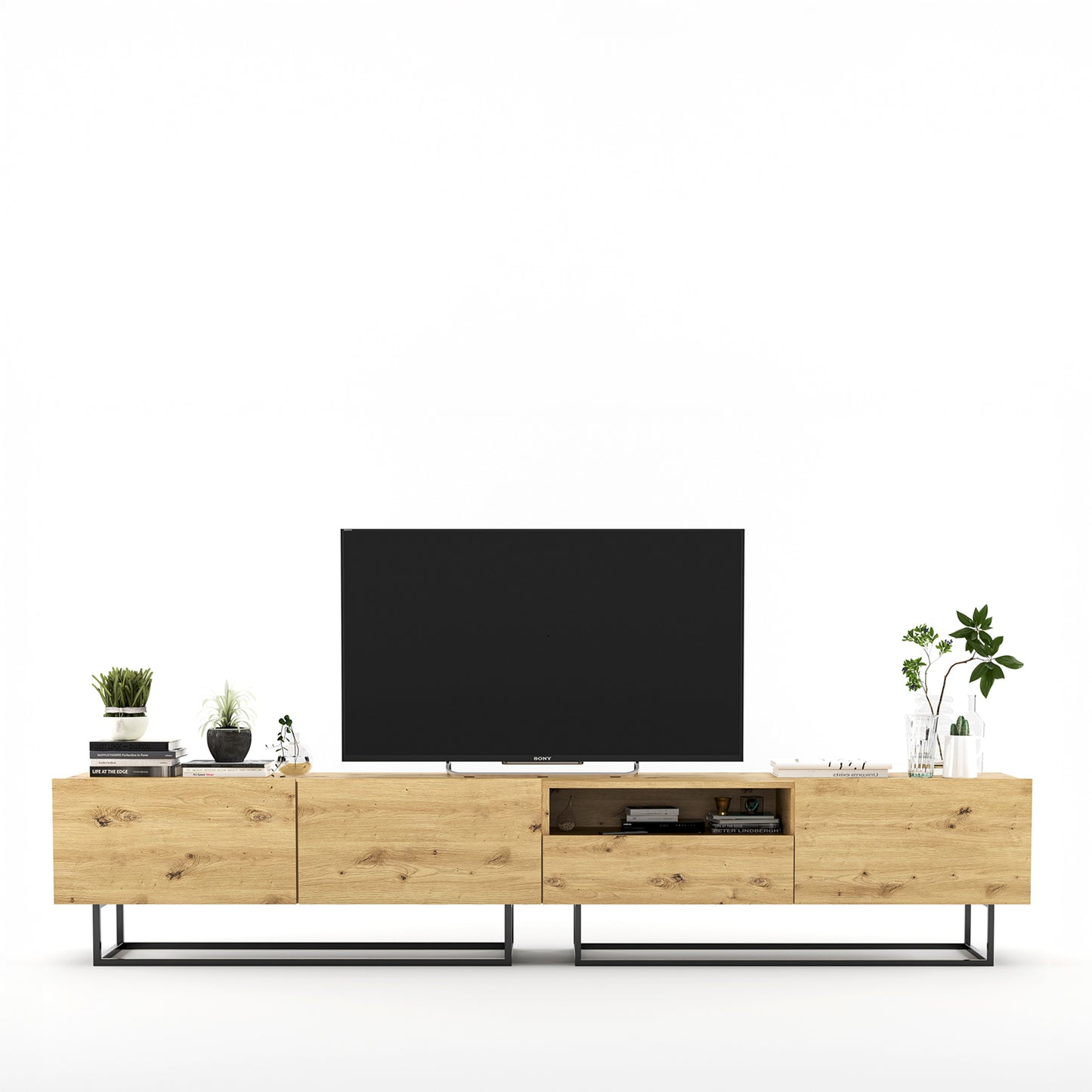 Enjoy Minimalist Freestanding TV Unit with Open Shelf and Metal Base – Oak Artisan