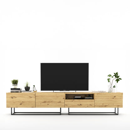 Enjoy Minimalist Freestanding TV Unit with Open Shelf and Metal Base – Oak Artisan