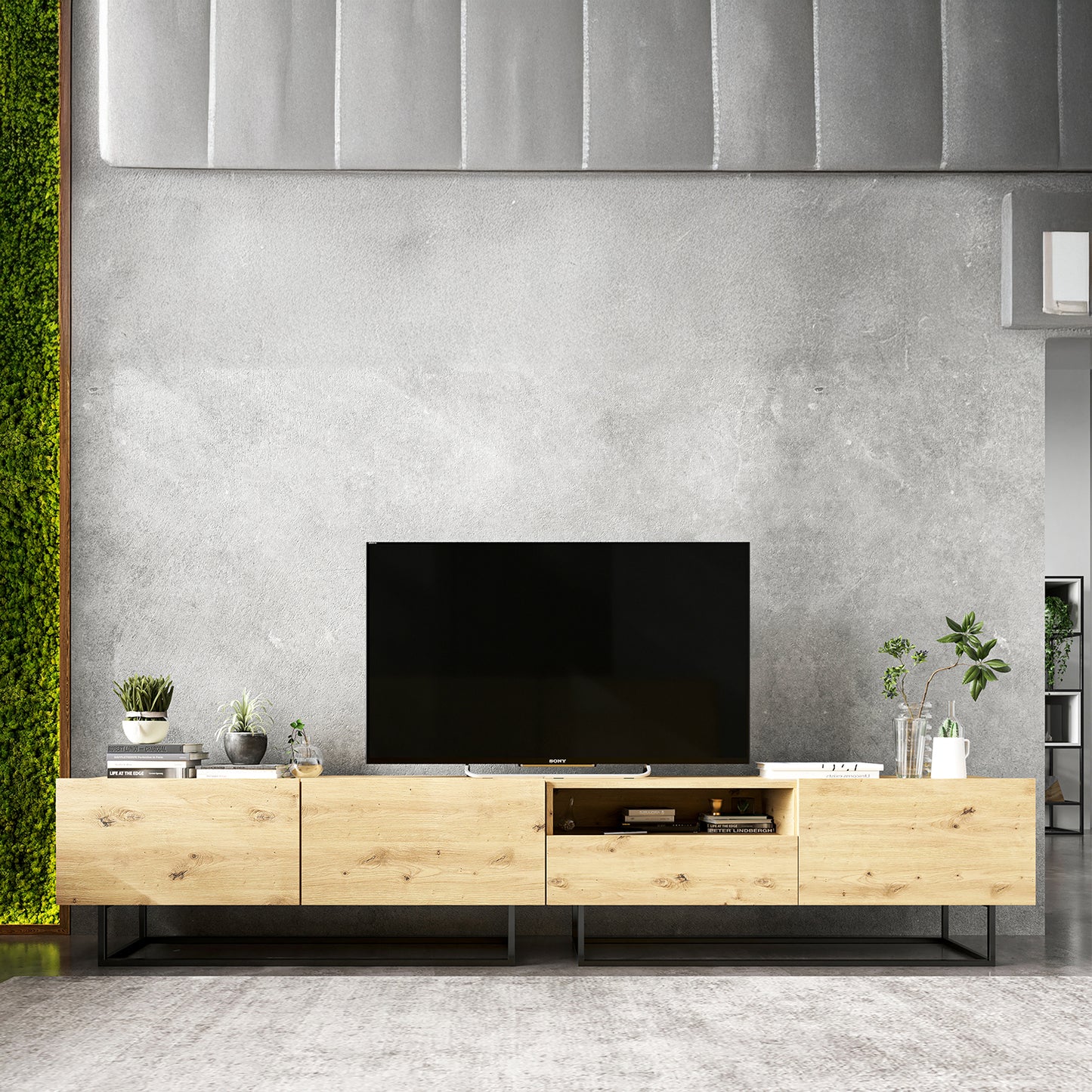 Enjoy Minimalist Freestanding TV Unit with Open Shelf and Metal Base – Oak Artisan