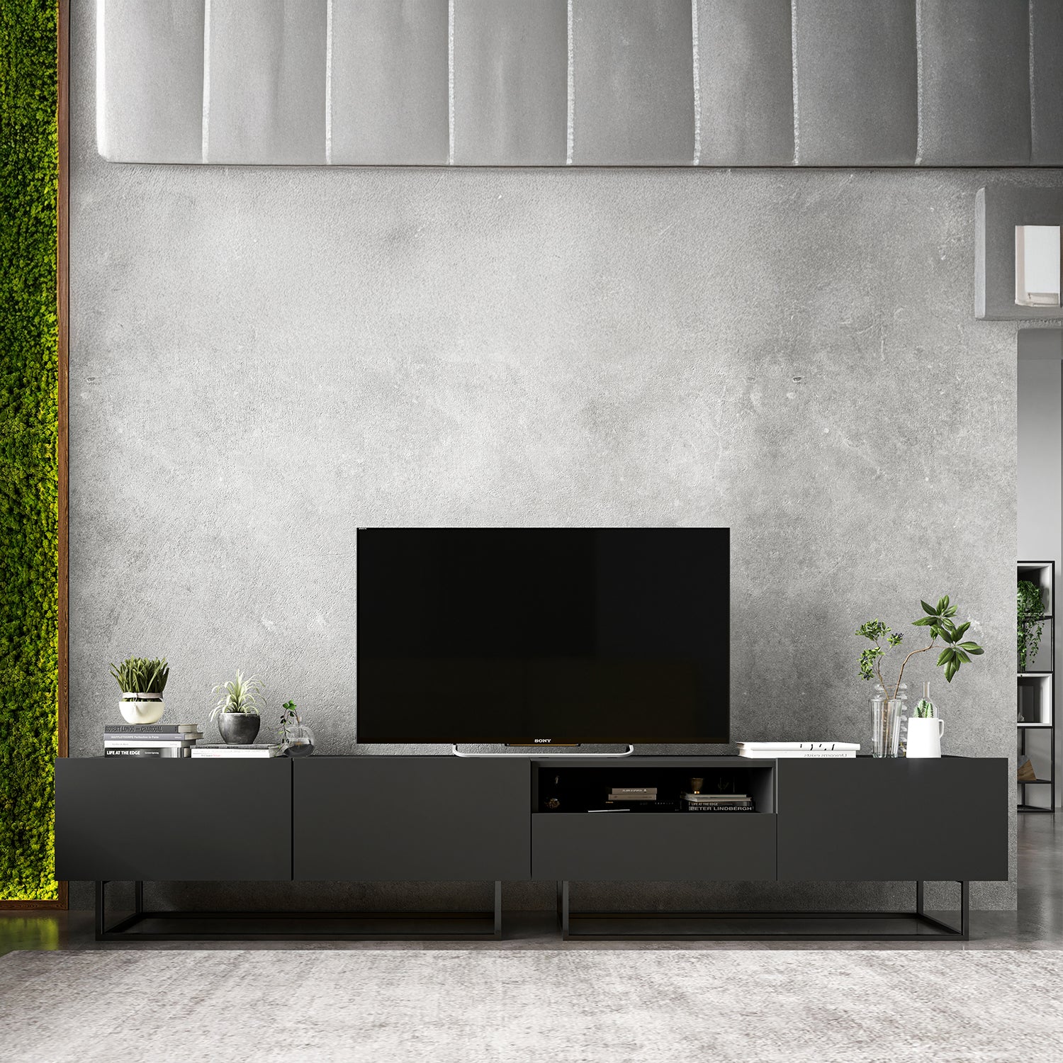 Enjoy Minimalist Freestanding TV Unit with Open Shelf and Metal Base – Graphite
