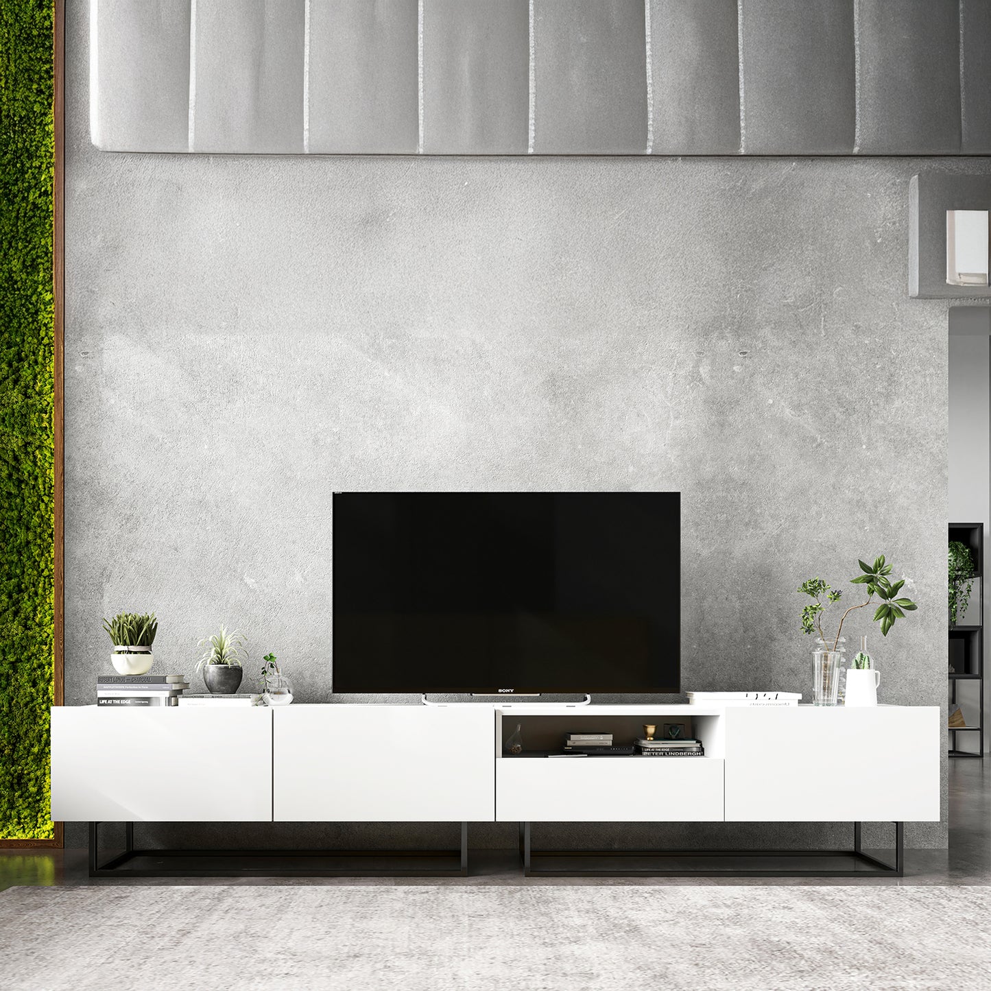 Enjoy Minimalist Freestanding TV Unit with Open Shelf and Metal Base – White